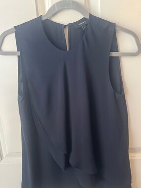 Theory Navy Sleeveless Crepe Ruffle Front Silk Blouse | Size Petite